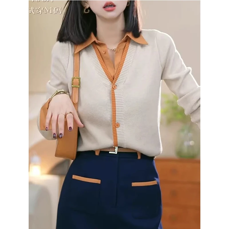 秋冬季假两件针织衫翻领女高级感时尚洋气显瘦百搭设计感撞色上衣