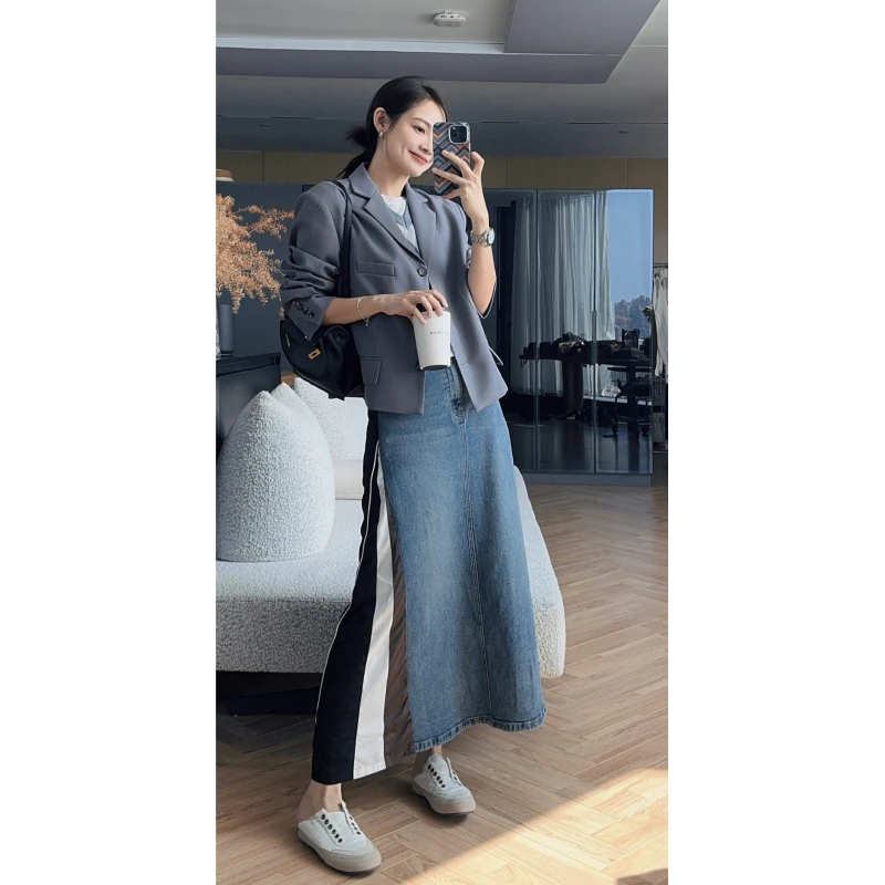 N美洋MEIYANG 双面美人鱼牛仔半裙 小众设计款~复古拼接A字鱼尾裙