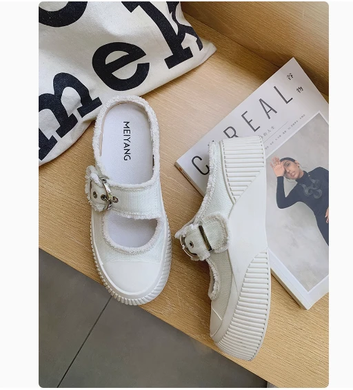 美洋MEIYANG 牛仔松糕半拖 元气减龄帆布包头厚底鞋 36码