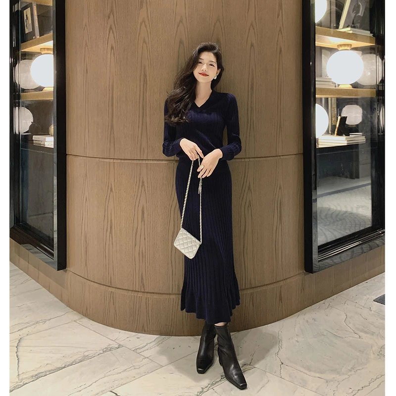 美洋MEIYANG 聚光灯针织连衣裙 红毯女神！坑条肌理V领收腰鱼尾裙