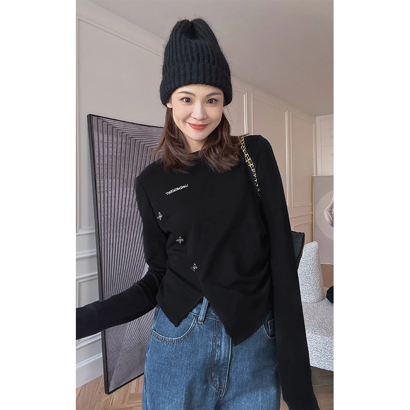 美洋MEIYANG 蝴蝶派对打底衫 黑色不规则修身显瘦长袖T恤