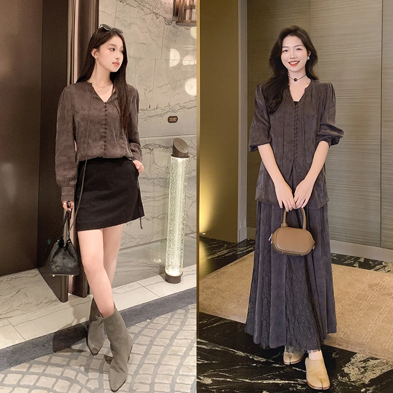 美洋MEIYANG 侘寂套装 新中式提花*蕾丝拼接|唯美雪纺衫半身伞裙