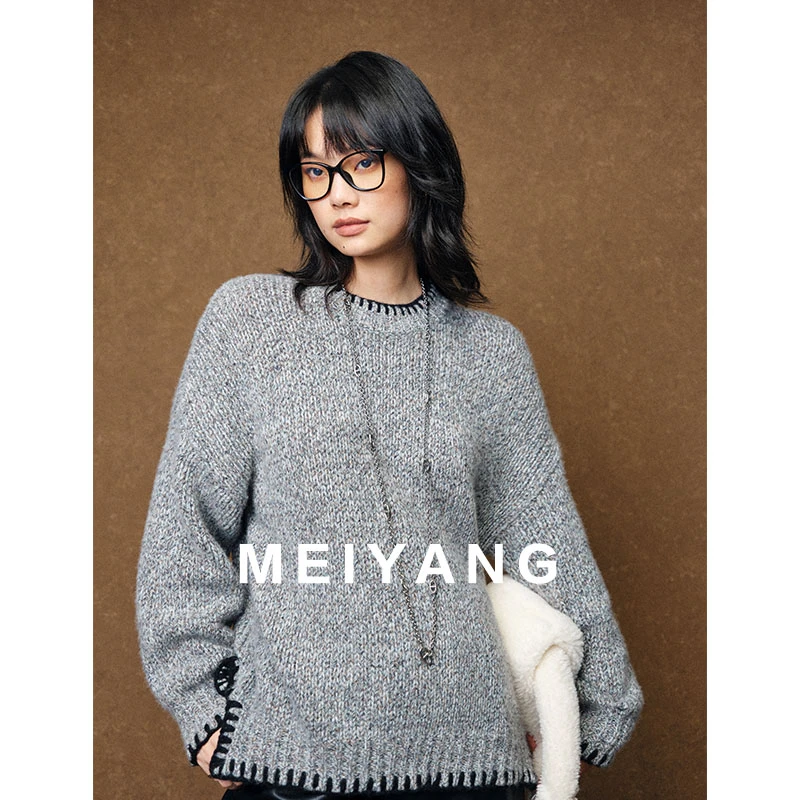 美洋MEIYANG贝壳羊绒毛衣26支重磅花纱撞色齿边圆领长袖针织衫
