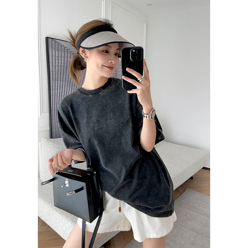 美洋MEIYANG 黑钻星空T恤 高定线重工水洗闪耀圆领中袖宽松上衣