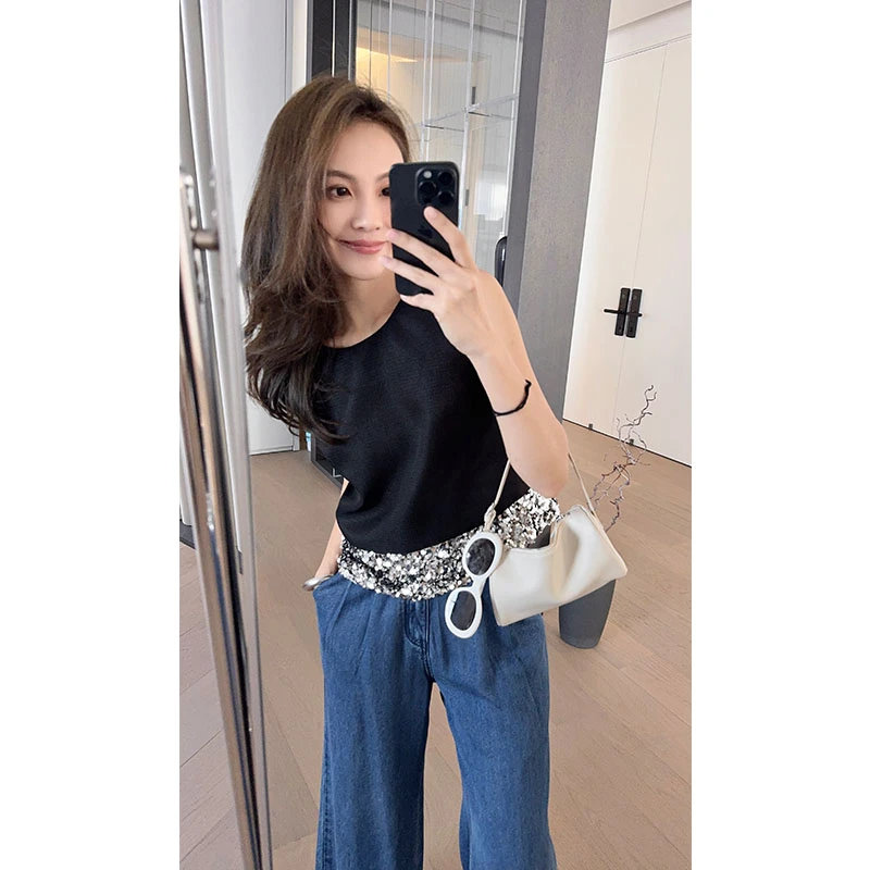 美洋MEIYANG 派对背心 小香花呢*拼接亮片短款无袖上衣