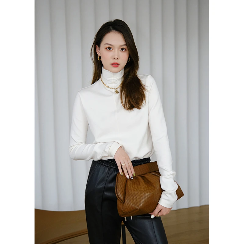 美洋MEIYANG牙签设计师打底衫ol白色半高领纯色长袖内搭女秋冬