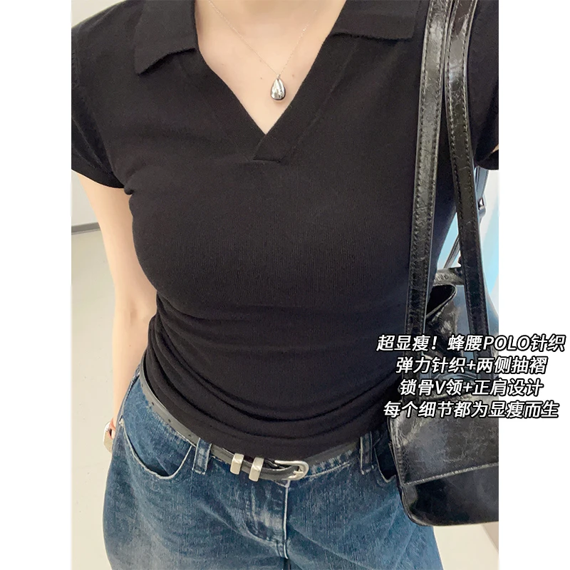 美洋MEIYANG 蜂腰polo 超显瘦！V字收腰抽褶弹力修身短袖针织衫