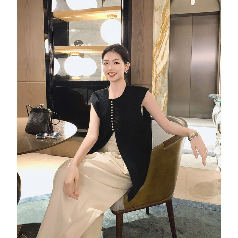 美洋MEIYANG 墨韵扣影马甲 醋酸混纺|菱格肌理圆领排扣无袖马夹