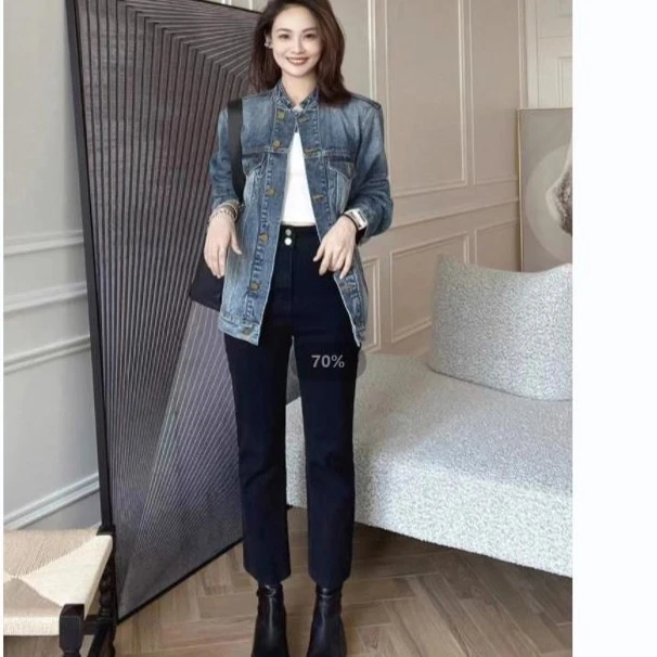 美洋MEIYANG 升级版修容笔牛仔裤 弹力直筒九分裤T高腰显瘦百搭