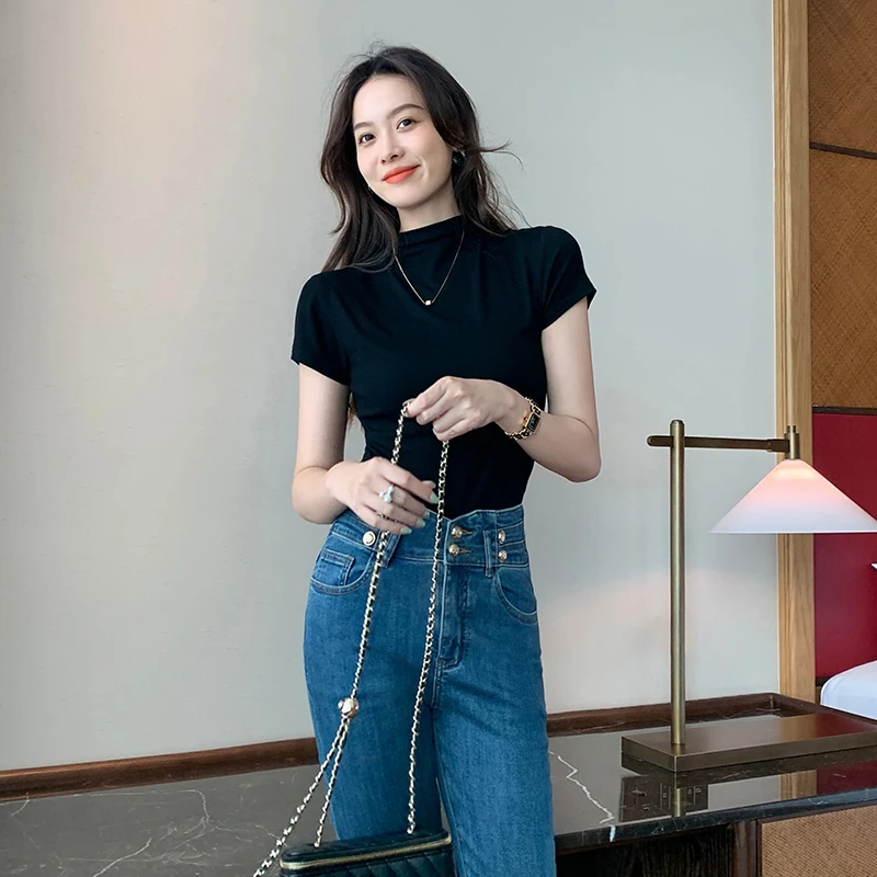 美洋MEIYANG卡戴珊辣妹T恤气质小高领修身夏季短款上衣