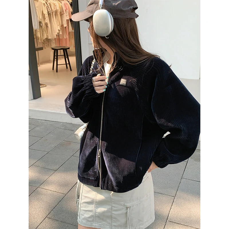 美洋MEIYANG 马林蓝外套 复古时髦灯芯绒休闲宽松双拉链长袖上衣