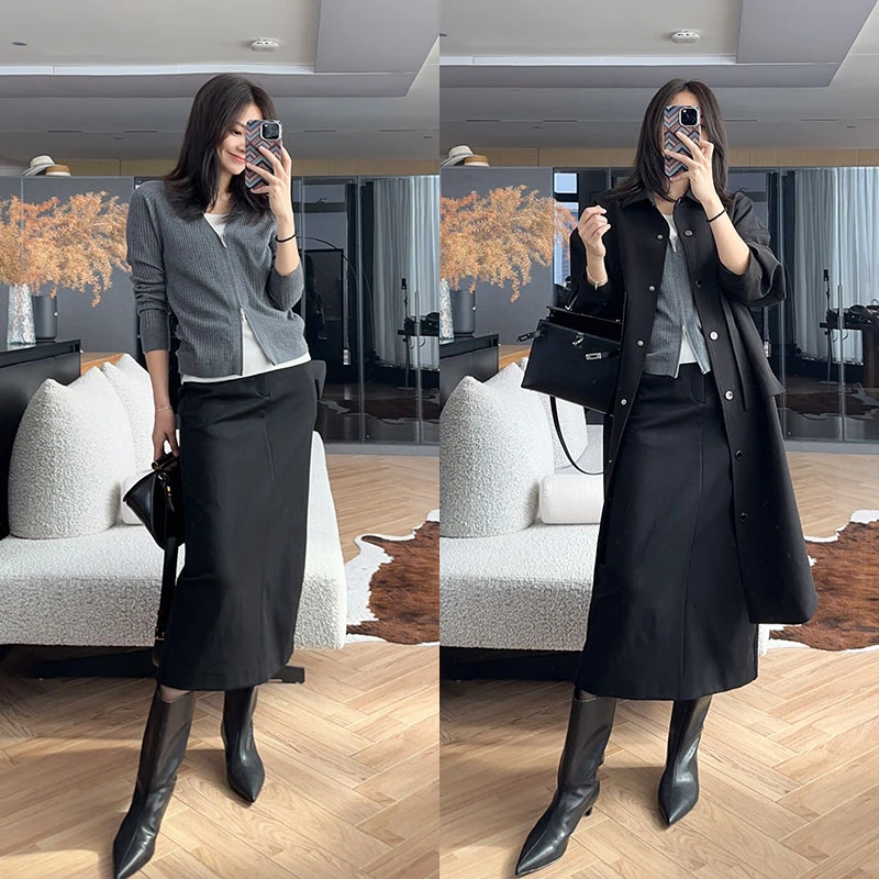 A【现货】美洋MEIYANG 黑泽半裙简约优雅后开叉高腰中长款半身裙