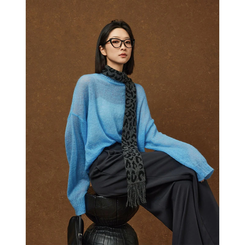 美洋MEIYANG 蓝雾针织衫 马海毛羊毛|简约百搭圆领宽松短款毛衣