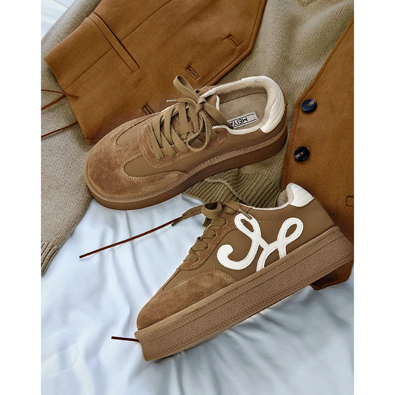 美洋MEIYANG 麦登休闲鞋简约撞色圆头系带厚底增高绒里德训鞋时尚