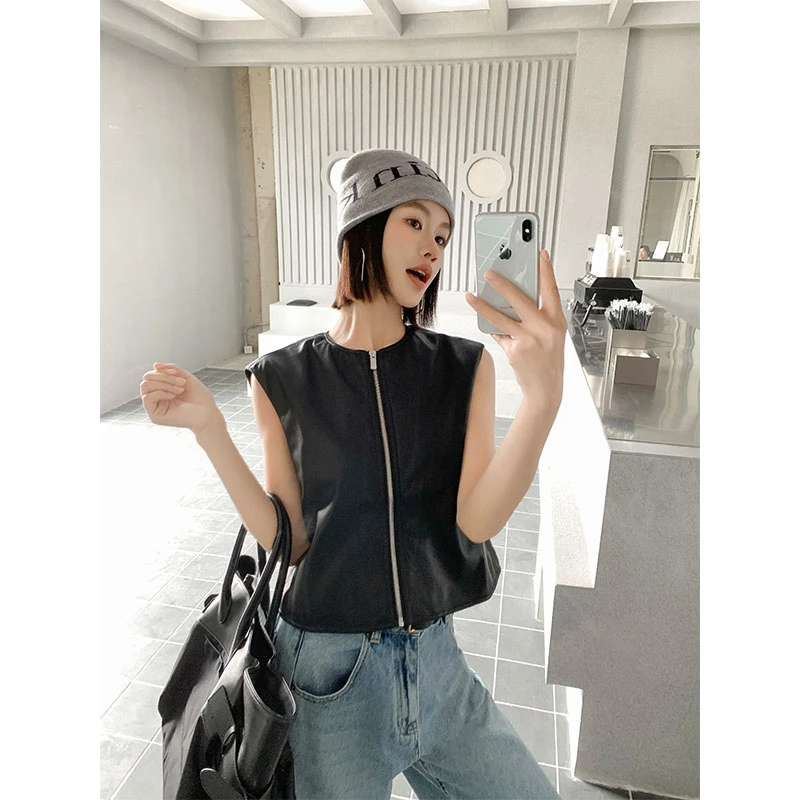 美洋MEIYANG 中古皮背心 Q弹轻软~极简帅气圆领无袖短款箱型马甲
