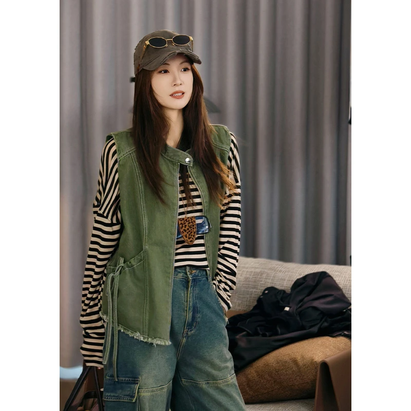 【FD】美洋MEIYANG 青藤牛仔马甲 全棉立领流苏边口袋无袖马夹背心