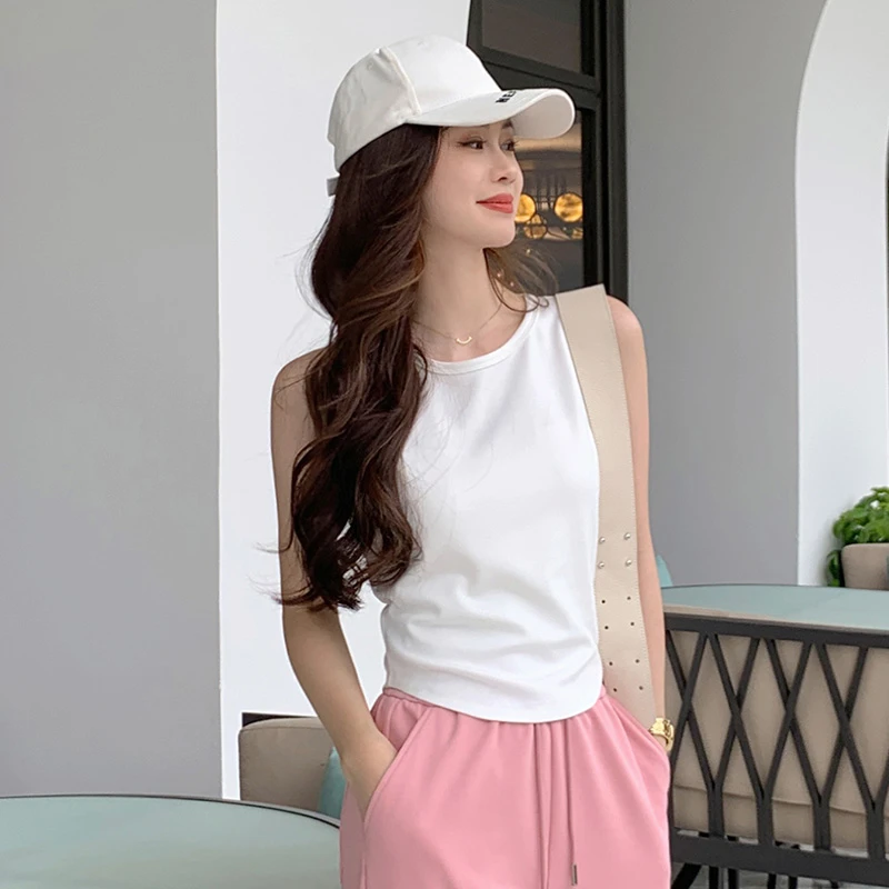 美洋MEIYANG冰岛白茶背心 白色运动内搭圆领无袖修身白色打底