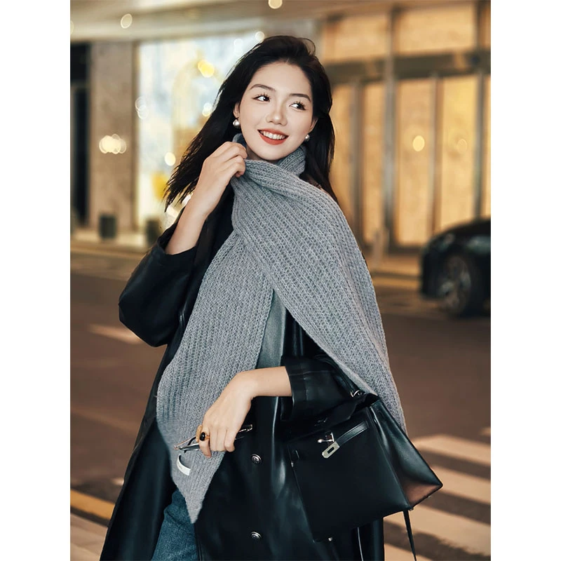 美洋MEIYANG 十年围巾 绵羊毛混纺|格雷系麦穗坑条针织保暖围脖