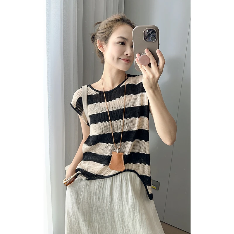 美洋MEIYANG 小蜜蜂马甲 华夫格挑孔针织|麻感镂空撞色条纹背心
