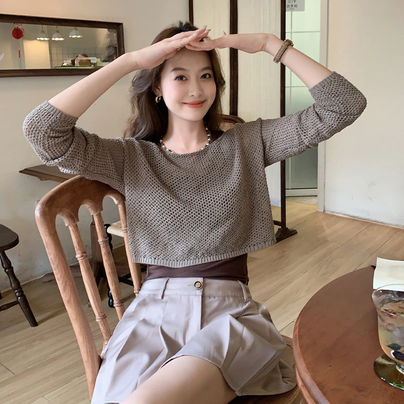 【现货】美洋MEIYANG 美拉德假日针织衫 _冰丝镂空长袖罩衫背心