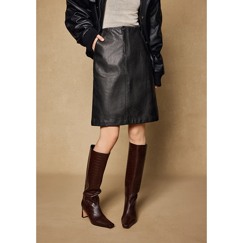 美洋MEIYANG 油皮纸半裙 帅气干练_做旧擦色通勤休闲直筒半身中裙