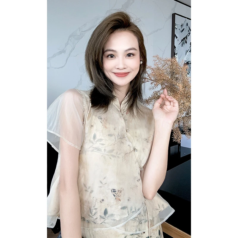 【现货】美洋MEIYANG 兰亭序旗袍 新中式花鸟印花立领珠扣套装