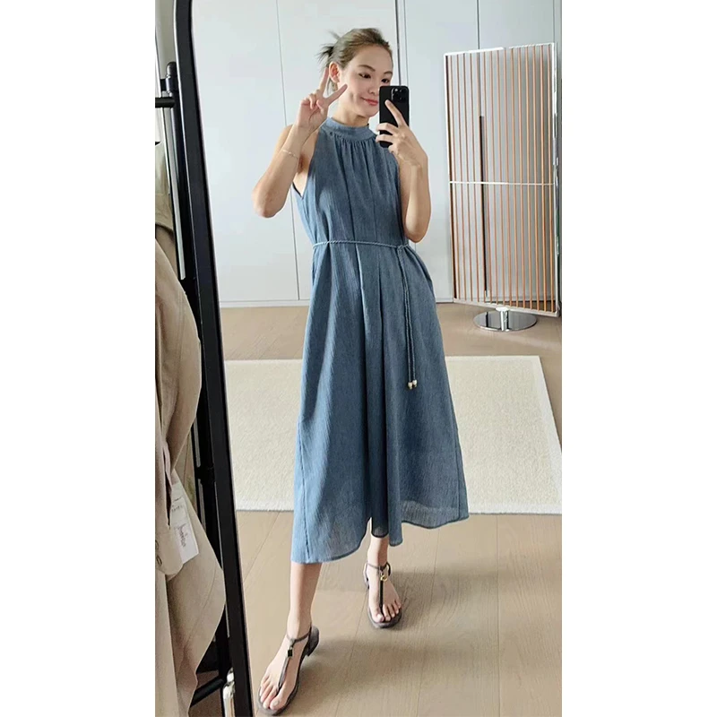 美洋MEIYANG 贝加尔湖连衣裙 棉麻混纺|丹宁蓝宽松挂脖A字长裙