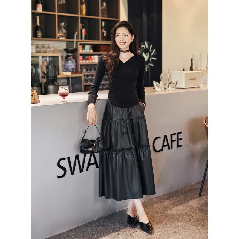 美洋MEIYANG 黑蛋糕半裙 叛逆公主！薄款蛋白皮松紧腰蓬蓬中长裙