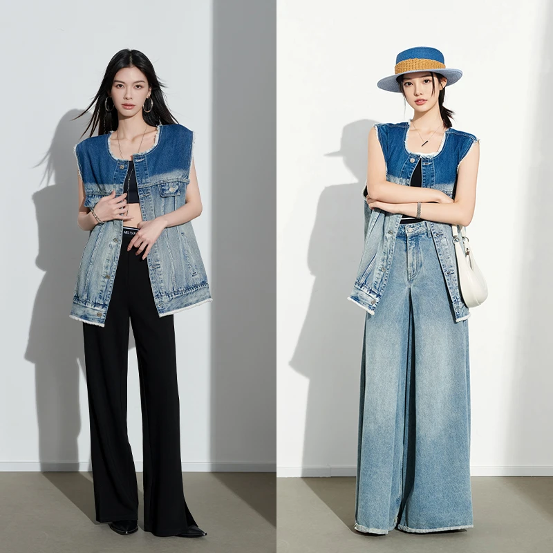 【现货】美洋MEIYANG莫吉托牛仔马甲靛蓝时髦圆领无袖马夹外套 复古