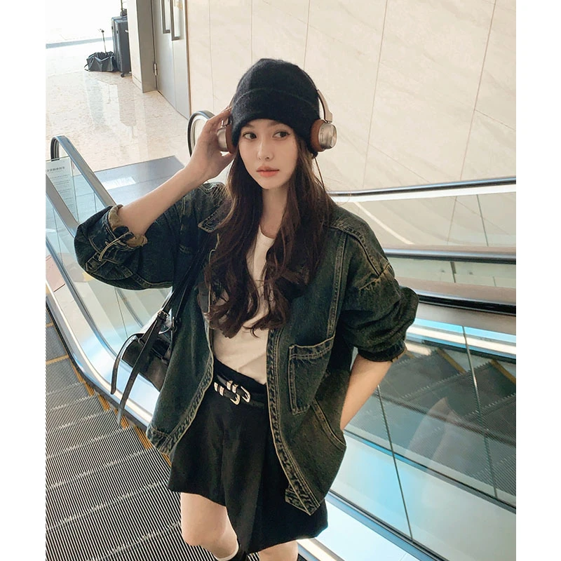 美洋MEIYANG 旧心情牛仔外套 斜纹肌理拼接磨白盐系宽松夹克上衣