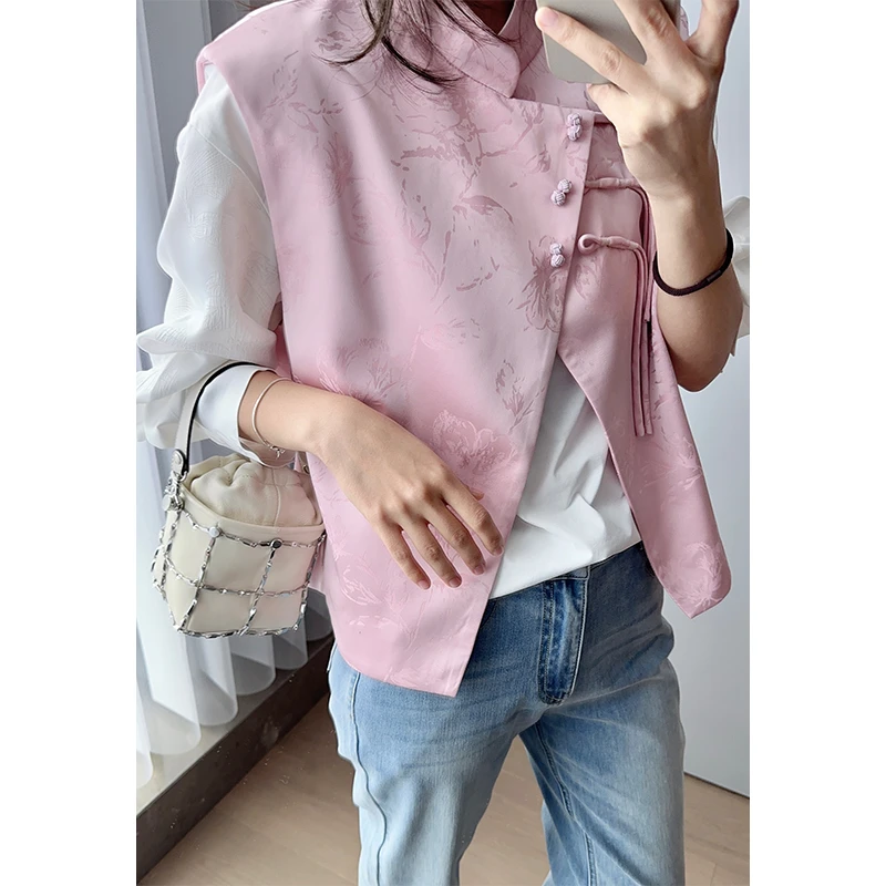 美洋MEIYANG 桃花酿马甲 薄荷曼波中式暗纹提花缎盘扣A字无袖上衣