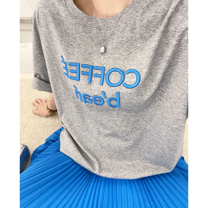 美洋MEIYANG 咖啡豆T恤 撞色立体字母刺绣圆领休闲宽松短袖上衣