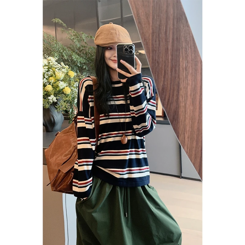 A美洋MEIYANG 三色堇针织衫 羊绒混纺|条纹宽松圆领长袖上衣
