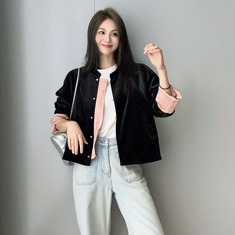 美洋MEIYANG 黑天鹅外套 新中式古典丝绒提花旗袍盘扣上衣