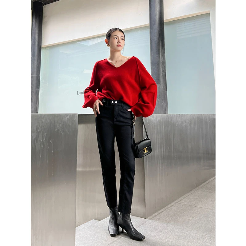 【现货】美洋MEIYANG升温瘦瘦裤高腰字母刺绣铅笔紧身牛仔裤气质ins