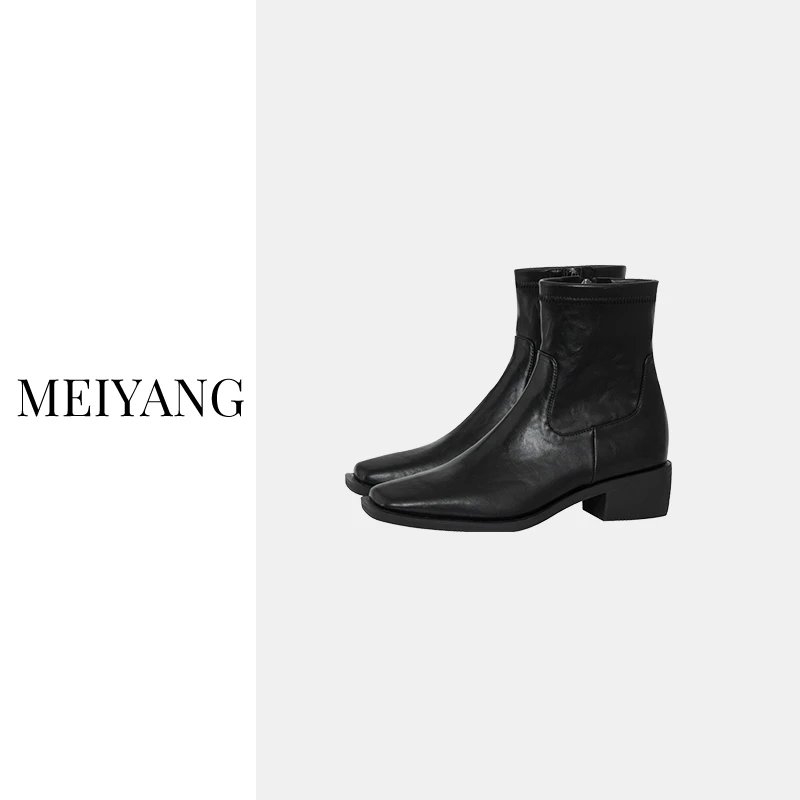 美洋MEIYANG 瘦瘦靴 暴走靴！极简通勤百搭方头粗跟切尔西短靴时尚