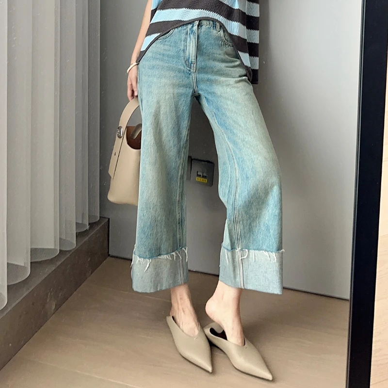 美洋MEIYANG【60系列】蛋卷牛仔裤 薄荷曼波_翻边休闲直筒九分裤