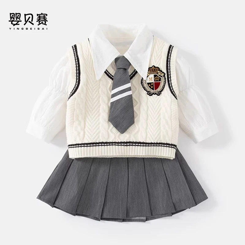 婴贝赛女童学院风连衣裙春装洋气儿童jk公主裙女宝宝针织套装春秋