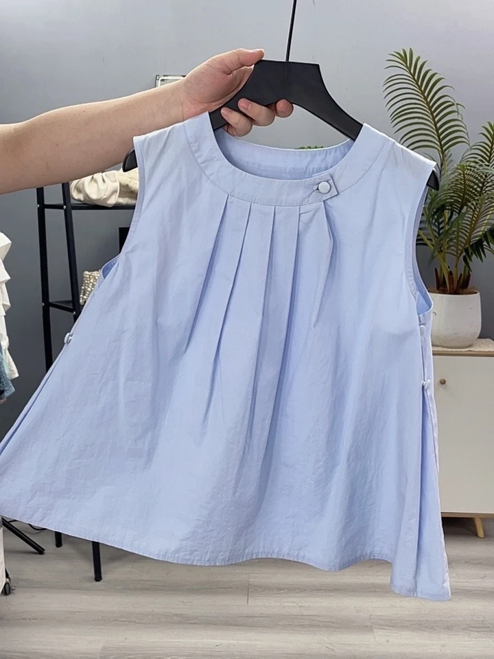 纯棉9802新款夏日邂逅甜美褶皱圆领无袖背心女高级感外穿衬衫上衣