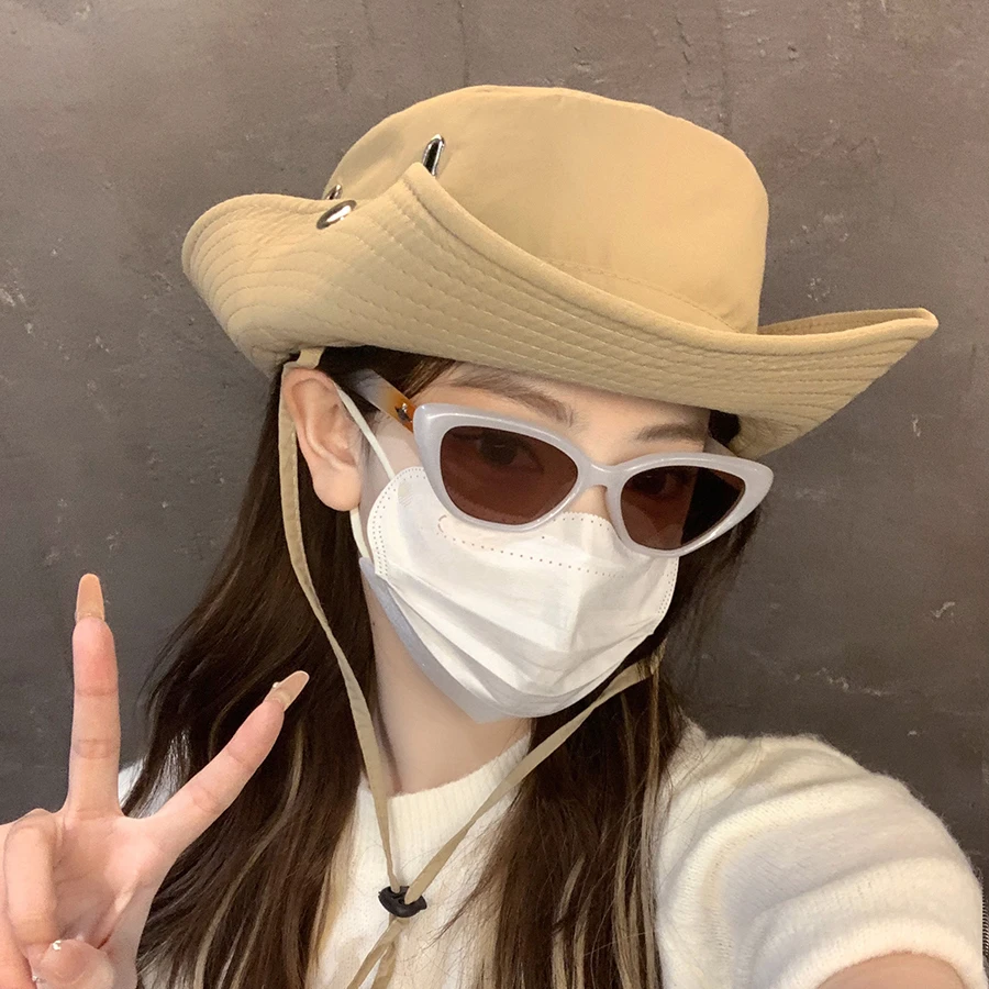 西部牛仔帽日系薄款露营登山帽女夏季防晒遮阳帽海边大檐帽子盆帽