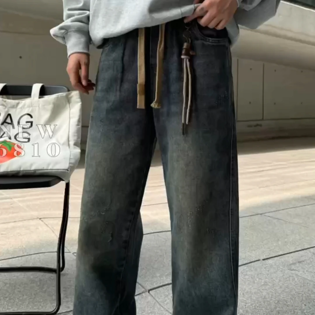 怀旧设计感原创直筒牛仔裤男水洗蓝色做旧宽松青年流行休闲长裤子