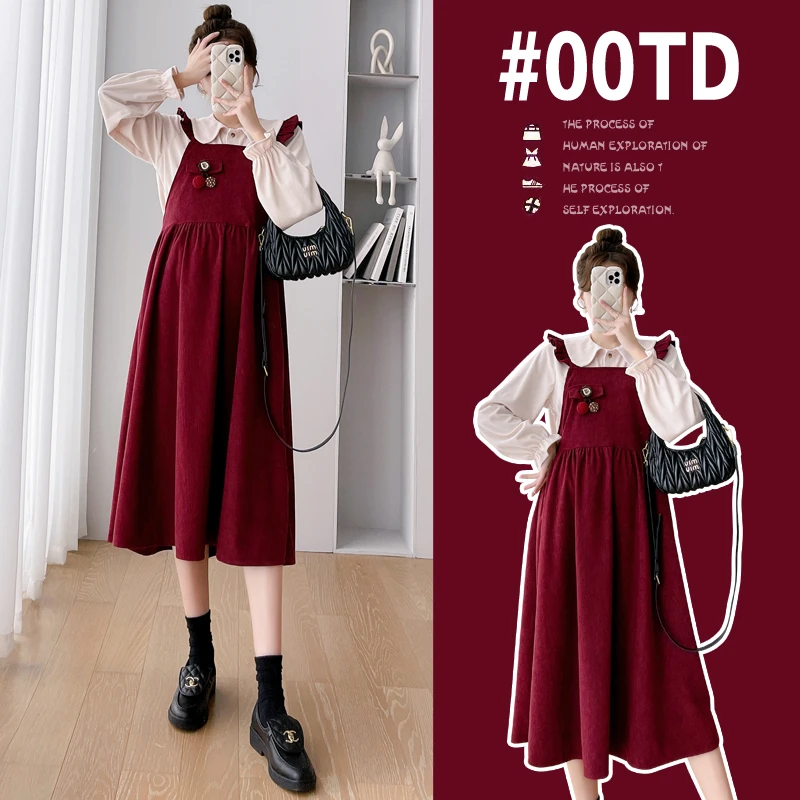 新款宽松显瘦孕妇装灯芯绒孕妇两件套韩版孕妇套装孕妇衬衫背带裙