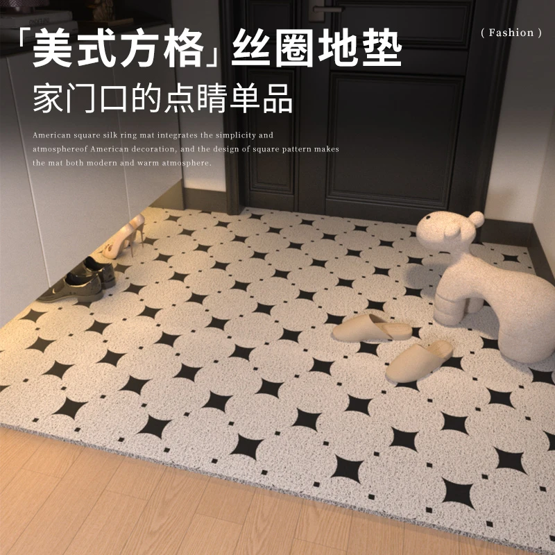 家用门厅地毯门垫美式方格玄关丝圈地垫防水可裁剪轻奢网红脚垫