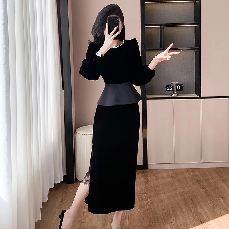 法式高级感小个子秋冬2024新款法式丝绒拼接设计上衣半身裙连衣裙
