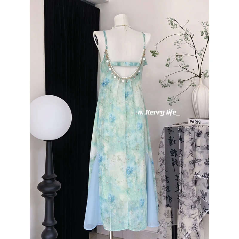 Kerry 大海传说 气质晕染贝壳度假宽松吊带连衣裙海边长裙女夏