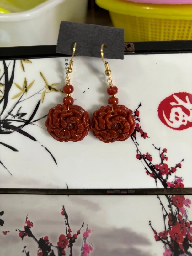 孤品天然A货翡翠红翡玫瑰花S925银镶玉石个性女简约耳坠耳饰