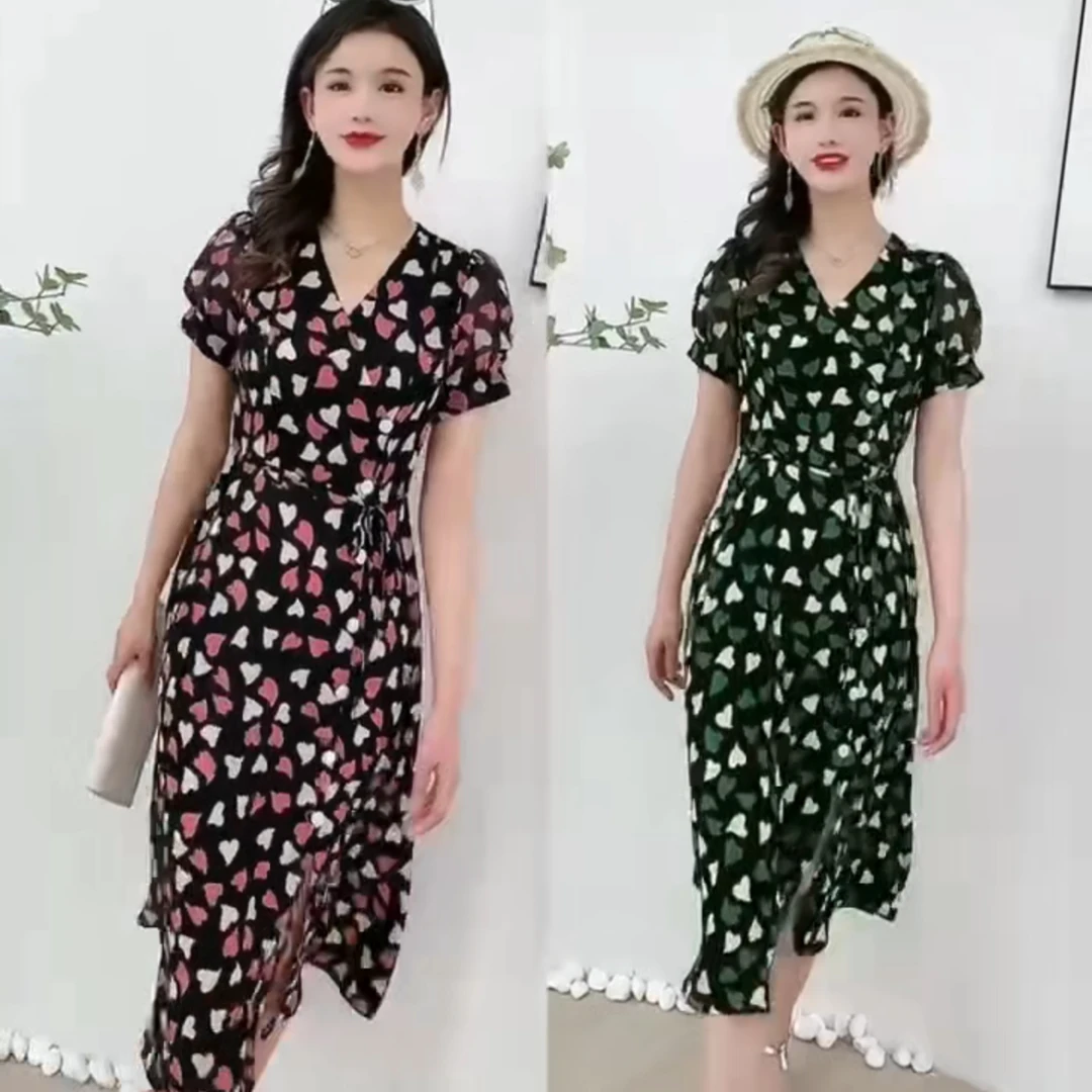 歌哥优质夏季气质时尚收腰爱心印花显瘦雪纺碎花韩版连衣裙