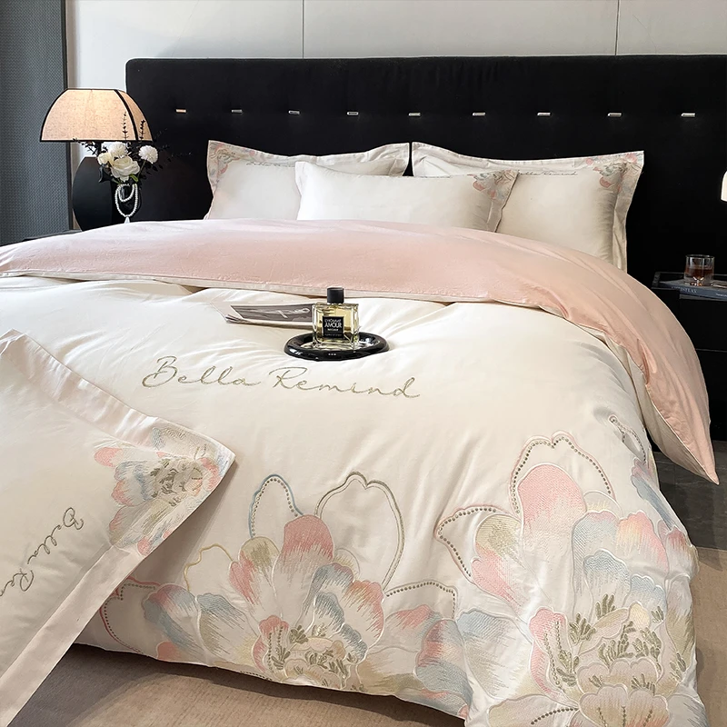 全棉轻奢高档加厚简约公主风小清新绣花粉色欧式印花纯棉四件套