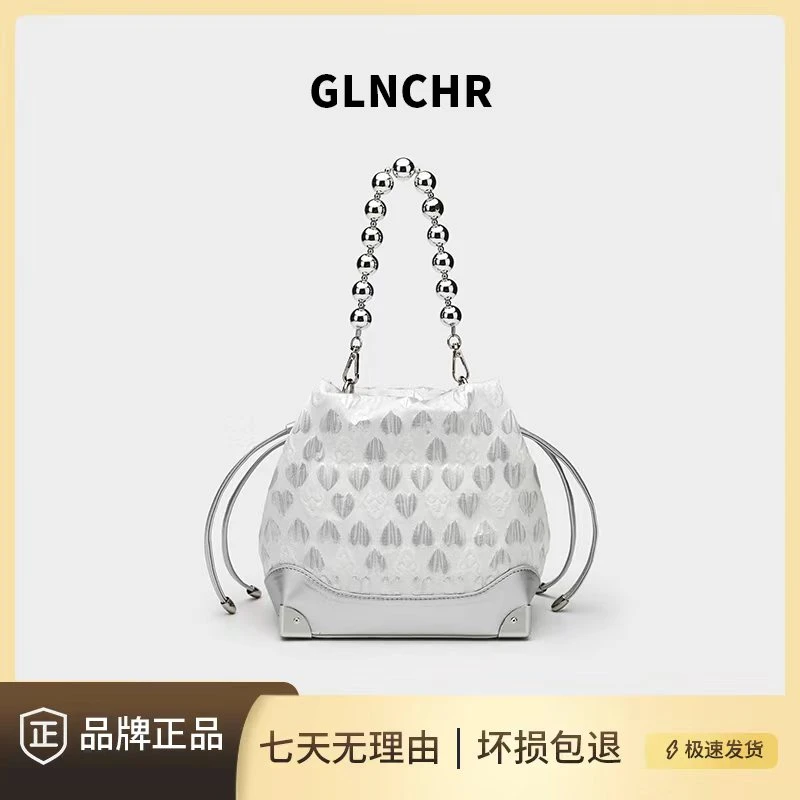 A白色时尚女士银色水桶包单肩轻奢H096