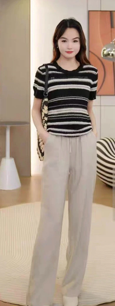 镂空针织短袖t恤女夏季薄款时尚洋气宽松条纹打底上衣